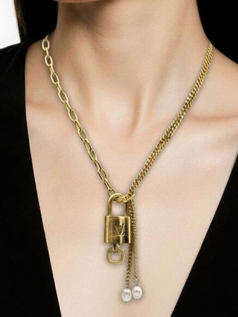Stainless Steel Gold-Plated Necklace with Authentic Louis Vuitton Padlock - Picture 1 of 15